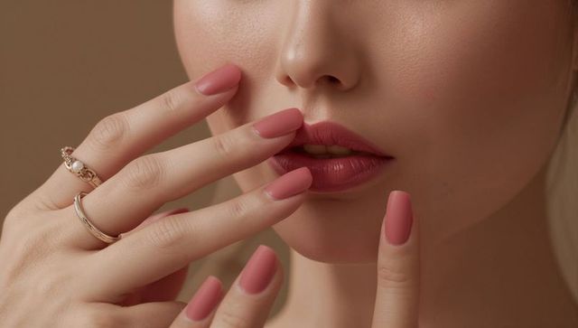Elegant Beauty Showcasing Matte Pink Nails and Luxurious Lip Color