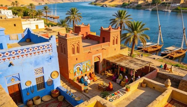 Colorful riverside bazaar with feluccas and textile vendors on sunlit nile bank