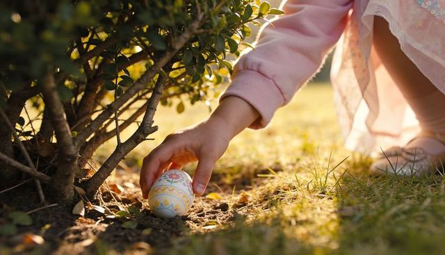 Young child picking decorated pastel easter egg in sunlit backyard beneath shrub