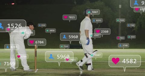 Playing night cricket at crease with bat and social media engagement overlays