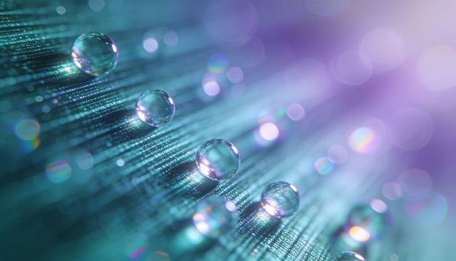 Shimmering macro droplets refracting teal and purple light on textured fibers with bokeh