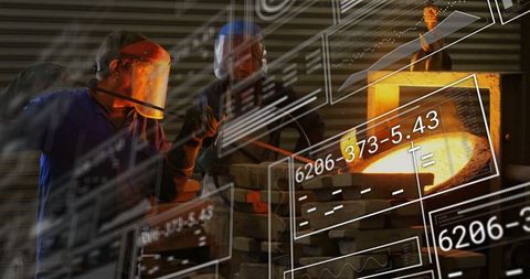 Foundry team pouring molten metal with digital overlays