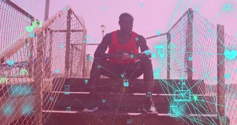 Athlete Syncing Smartwatch Outdoors with Digital Icons Overlay