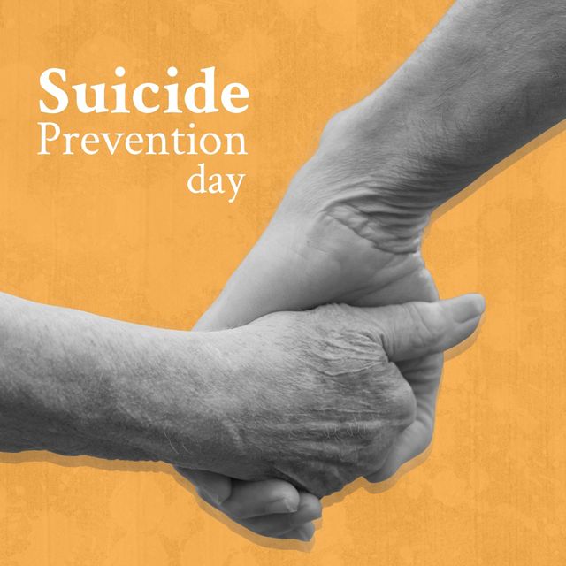 Composite of cropped image of caucasian senior couple holding hands and suicide prevention day text. Copy space, together, love, retirement, depression, support, protection, healthcare, awareness.