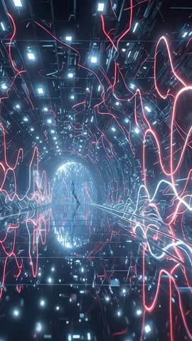 Gliding neon waveform corridor pulsing toward glowing orb, futuristic tech motion loop