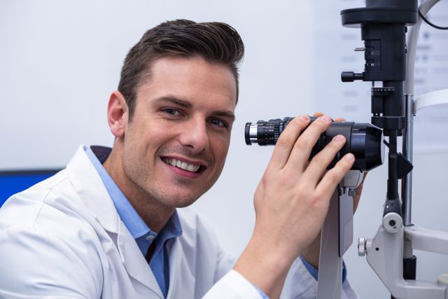 Smiling optometrist looking through biomicroscope in ophthalmology clinic