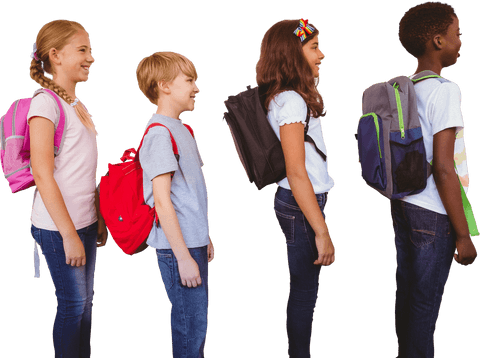 Cheerful schoolchildren carrying backpacks in transparent background