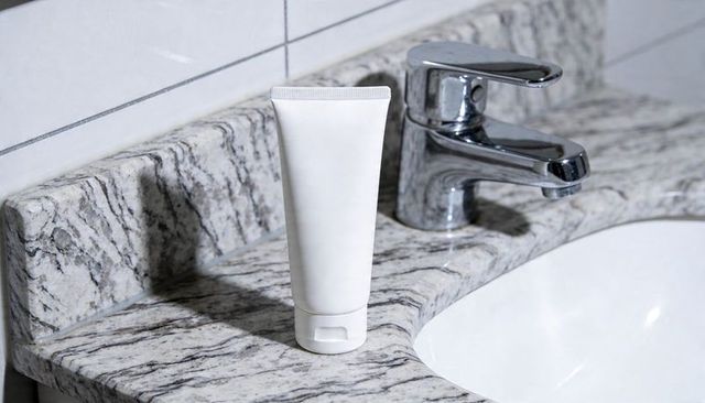 Minimalist white cosmetic tube standing on veined marble countertop with chrome faucet