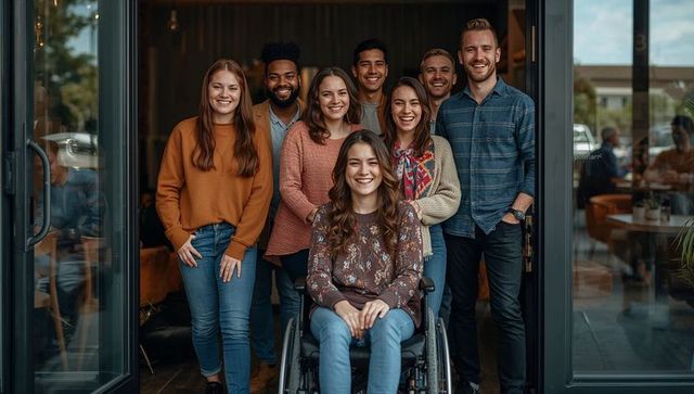 Diverse Team Smiling at Modern Office Entrance with Wheelchair