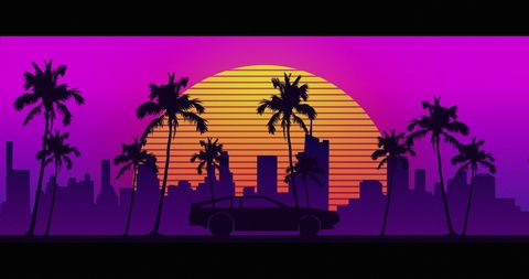 Retro Futuristic Cityscape with Palm Trees and Car