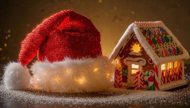 Glowing Santa Hat Resting Next to Illuminated Gingerbread House with Candy Canes