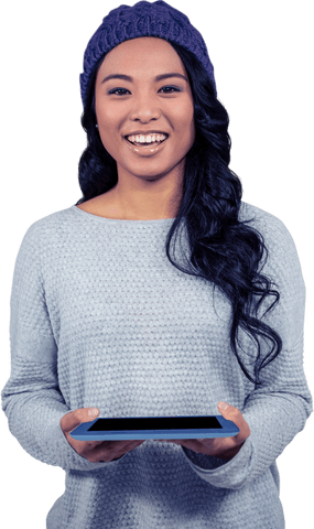 Smiling Woman Holding Transparent Tablet Isolated