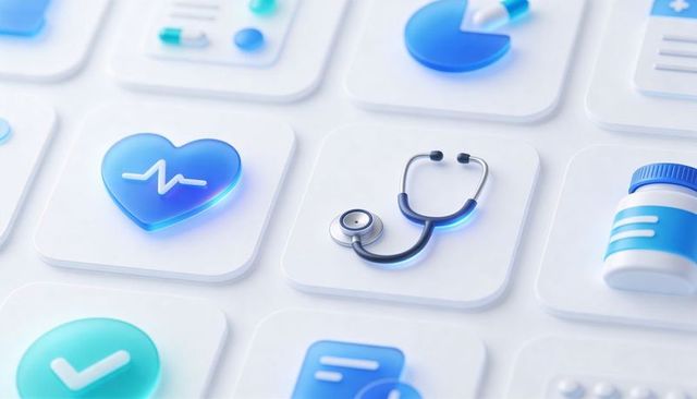 3d medical app icon set featuring stethoscope and heart ecg on clean healthcare ui design