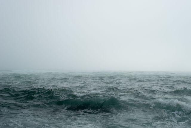 This image captures a foggy and overcast ocean with rolling waves. The horizon blends with the mist, creating a serene and tranquil atmosphere. This can be used for themes of nature, tranquility, and the vastness of marine landscapes, ideal for backgrounds, nature-focused content, and environmental awareness material.