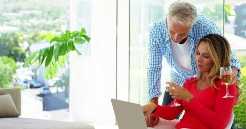 Mature Couple Using Laptop in Modern Living Room with Wine