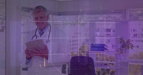 Senior Doctor in Futuristic Clinic Analyzing Digital Data
