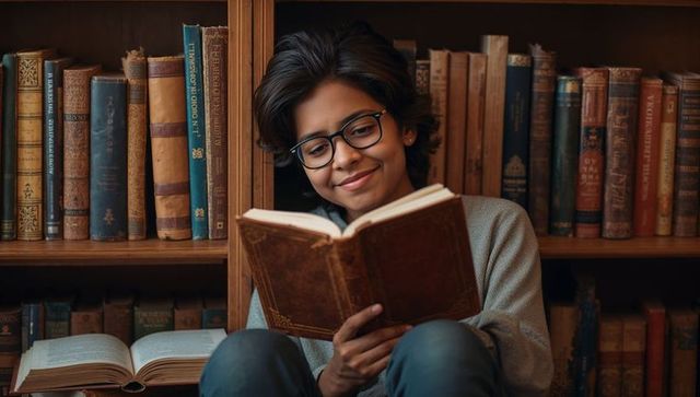 Teen reading leather-bound book in antique library nook, wearing glasses, vintage vibe