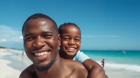 Father giving son piggyback while laughing on sunny tropical beach