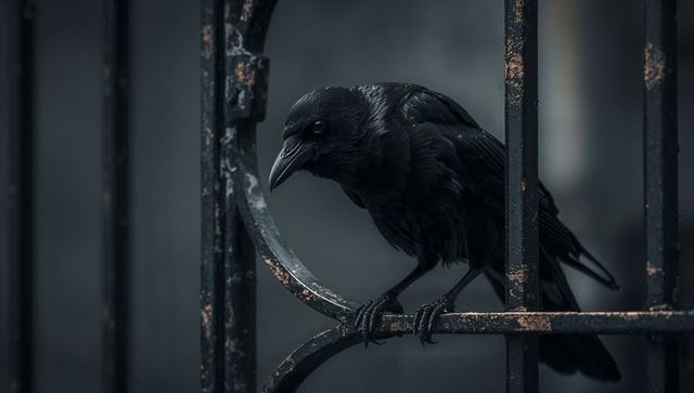 Mysterious crow perching on rusted metal gate in gloomy ambience