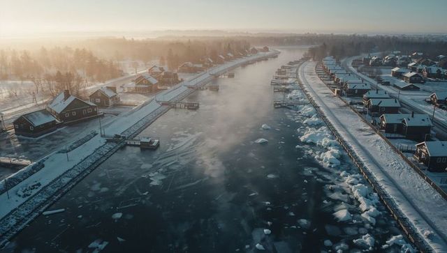 Sunlit Winter Canal with Mist Rising Over Ice Floes and Snow-Covered Waterfront Houses
