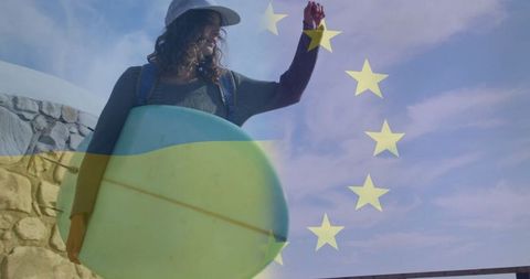 Surfer woman against coastal background double exposure