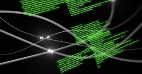 Curving metallic cables with neon green code flowing through dark cyber network void