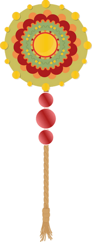 Transparent flat floral ornament with tassels and beads on clear background