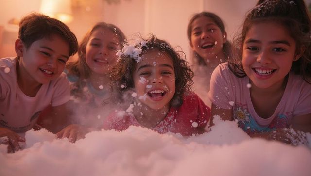 Laughing Children Playing in Foam Indoors on Cozy Day