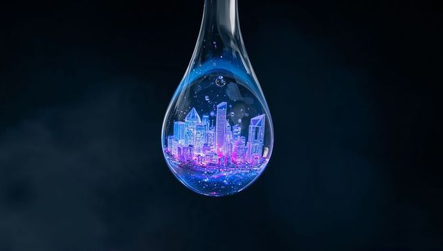 Floating neon city encapsulated in glass droplet glowing against dark studio background