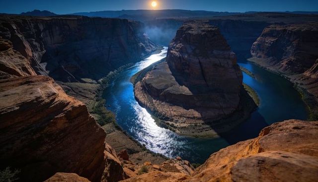 Moonlit horseshoe bend river curving through red rock canyon at twilight