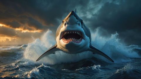 Megalodon leaping mid-air in dramatic stormy ocean