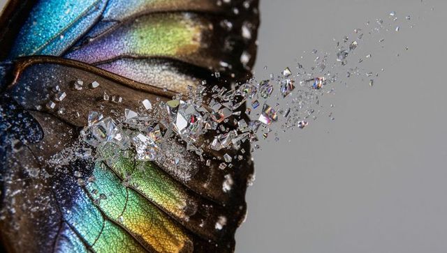 Iridescent butterfly wing fragmenting into prism crystals, macro detail and texture
