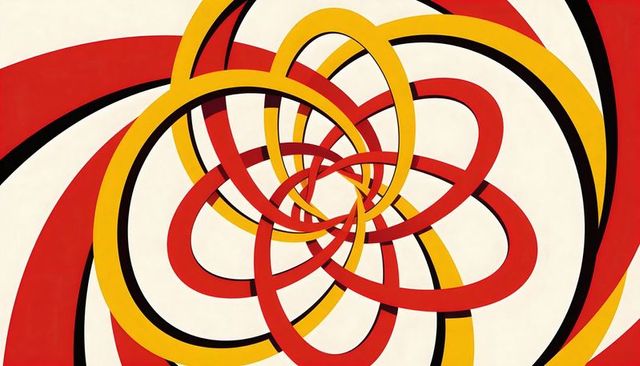 Interlocking red yellow ribbon knot forming dynamic geometric spiral on cream background
