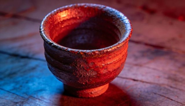 Handcrafted rustic ceramic tea bowl with textured glaze and dramatic red blue lighting