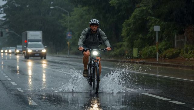 Commuter cyclist splashing through puddle in heavy rain on multi-lane road with headlight