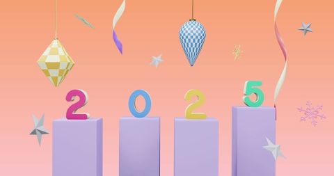Colorful 2025 New Year Decorative Display on Pink Background