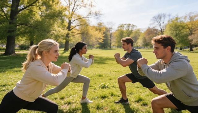 Four adults doing partner lunges in sunny park for outdoor group fitness and teamwork