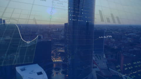 Stock Market Data Animation Over Modern Cityscape