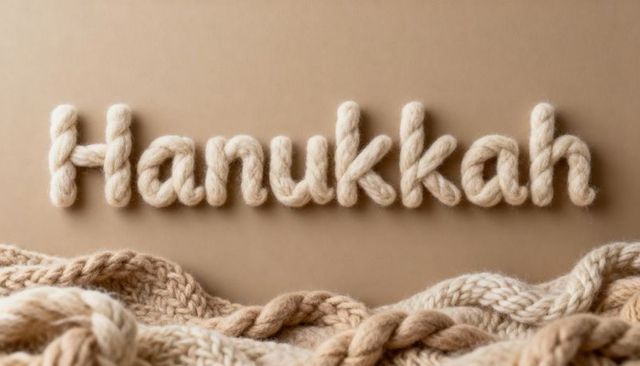 Celebrating hanukkah with cursive yarn lettering and neutral knit textures for cozy look