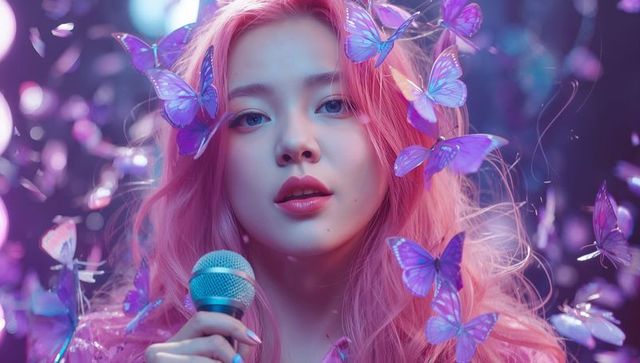 Dreamlike Singer Surrounded by Purple Butterflies