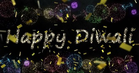 Happy Diwali Greeting with Colorful Fireworks and Confetti