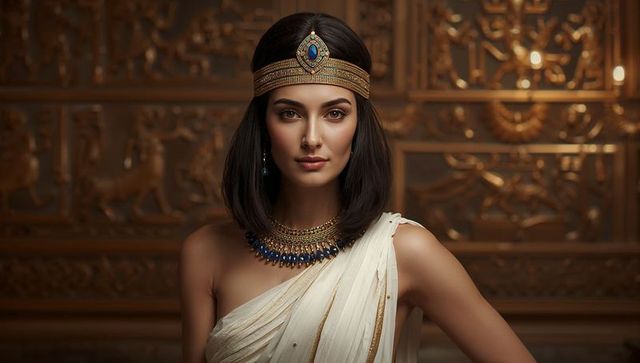 Regal woman in ancient egyptian attire with ornate jewelry