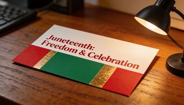 Juneteenth freedom & celebration card with gold foil on wooden desk lamp light