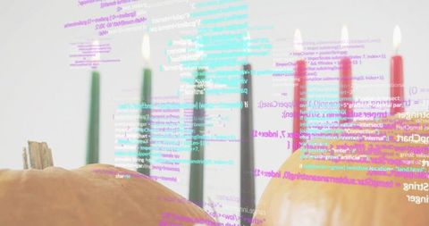 Pumpkins with lit candles and floating code overlay conveying cozy tech and autumn mood