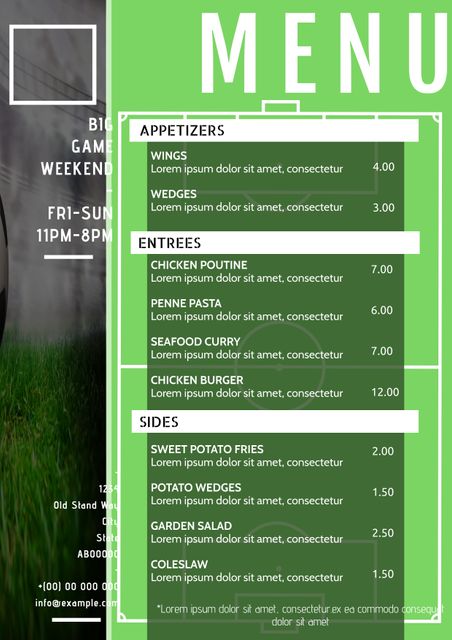 This vibrant green menu template offers a stylish and fresh layout, ideal for restaurants, spas, cafés, and special events. Featuring sections for appetizers, entrees, and sides with customizable text, it provides an inviting and organized approach to presenting a variety of dishes. The template is perfect for promoting seasonal events or daily specials.