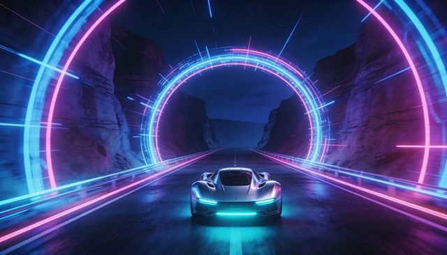 Cruising neon portal racing electric supercar through cyber canyon night futuristic glow