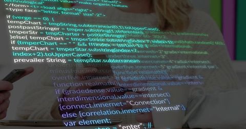 Reclining woman viewing laptop with floating code overlay for remote coding and teamwork