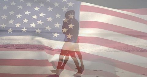 Couple walking on beach with american flag double exposure, patriotic sunset romance