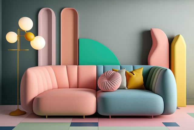 Peach and pastel blue retro sofa with cushions and lamp, created using generative ai technology. Interior design, feminine, pastel colours vintage home decoration concept digitally generated image.