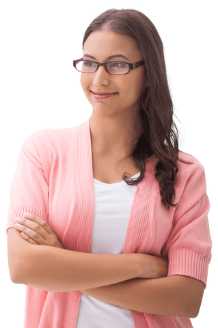 Confident Brunette Woman In Pink Cardigan Transparent Background